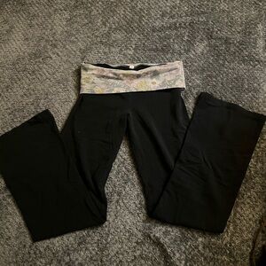 Black Fold Over Yoga Pants with Floral Waistband